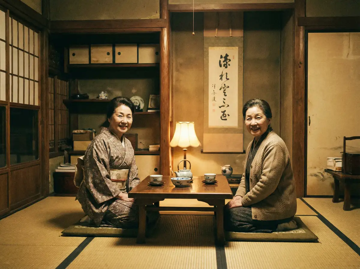 两位优雅的 J9体育app 在日式茶室中品茶交谈